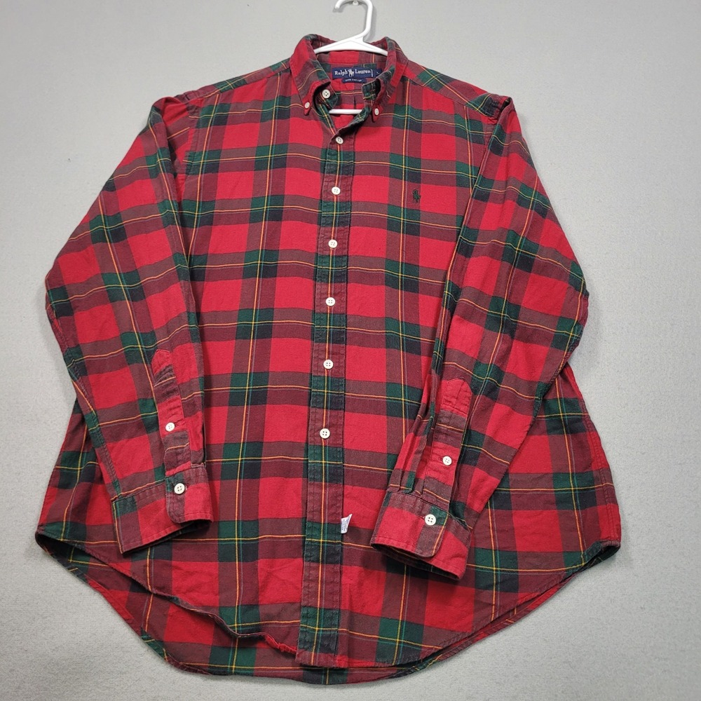 Ralph Lauren Mens Large Red Green Plaid Flannel Button Down Shirt L Long Sleeve